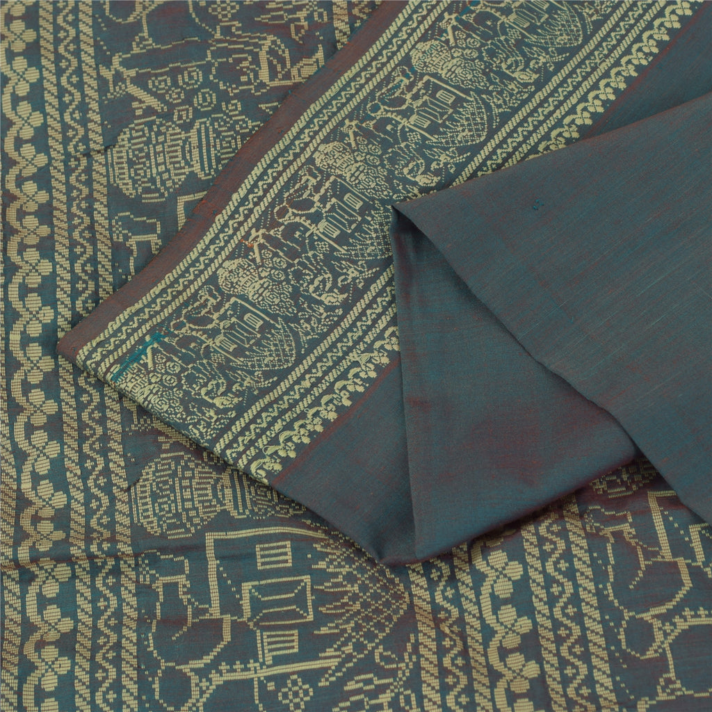 Sanskriti Vintage Sarees Blue Baluchari Woven BlendCotton Sari 5+yd Craft Fabric