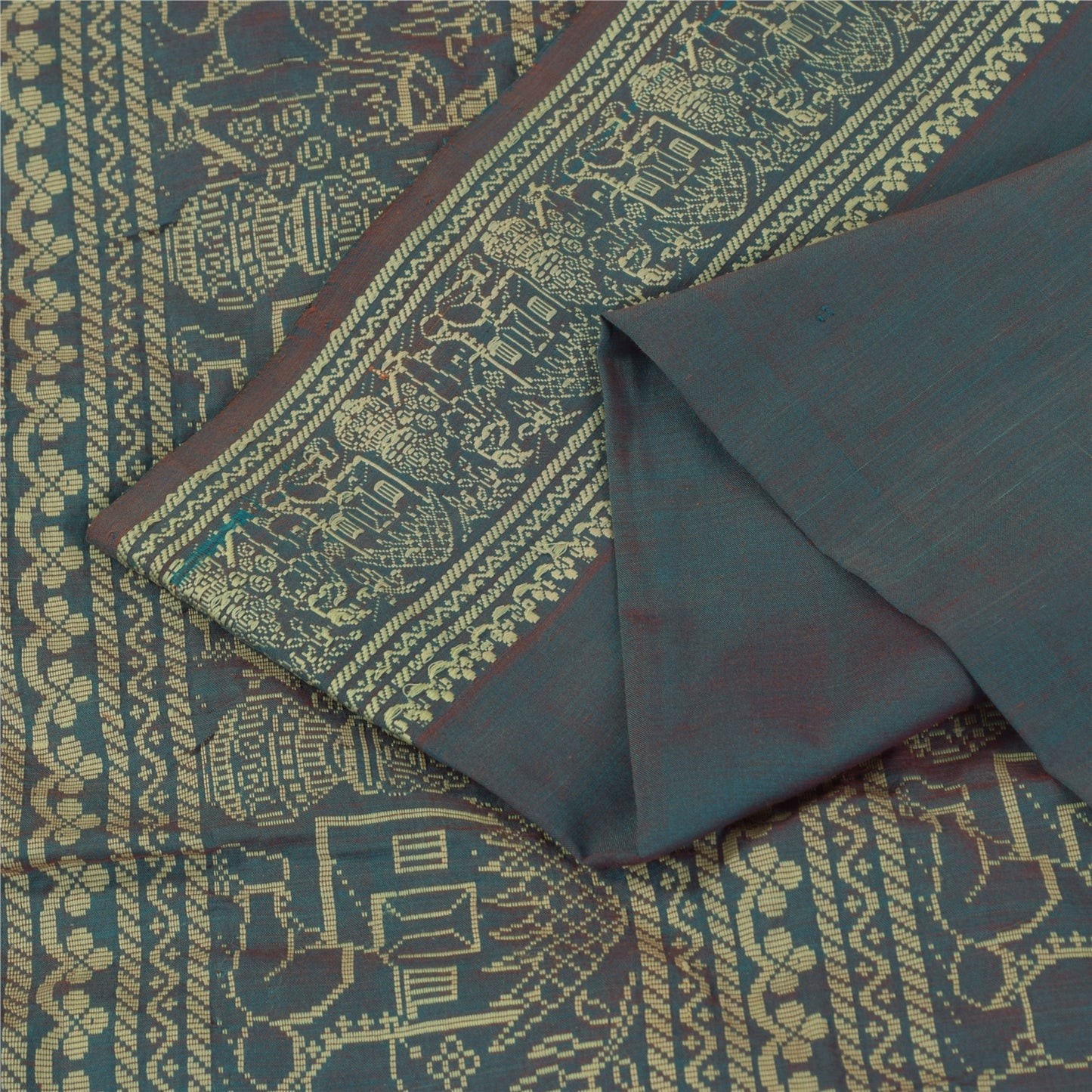 Sanskriti Vintage Sarees Blue Baluchari Woven BlendCotton Sari 5+yd Craft Fabric