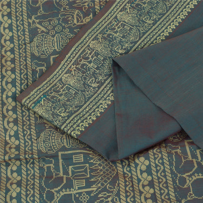 Sanskriti Vintage Sarees Blue Baluchari Woven BlendCotton Sari 5+yd Craft Fabric