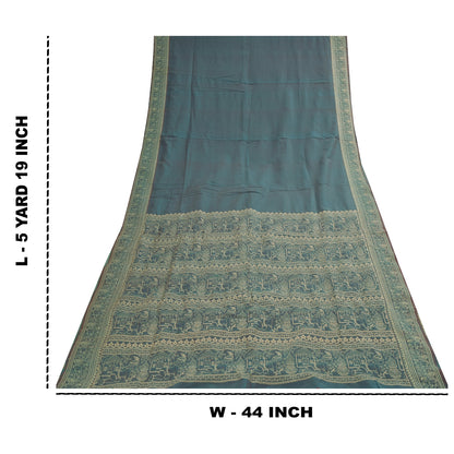 Sanskriti Vintage Sarees Blue Baluchari Woven BlendCotton Sari 5+yd Craft Fabric