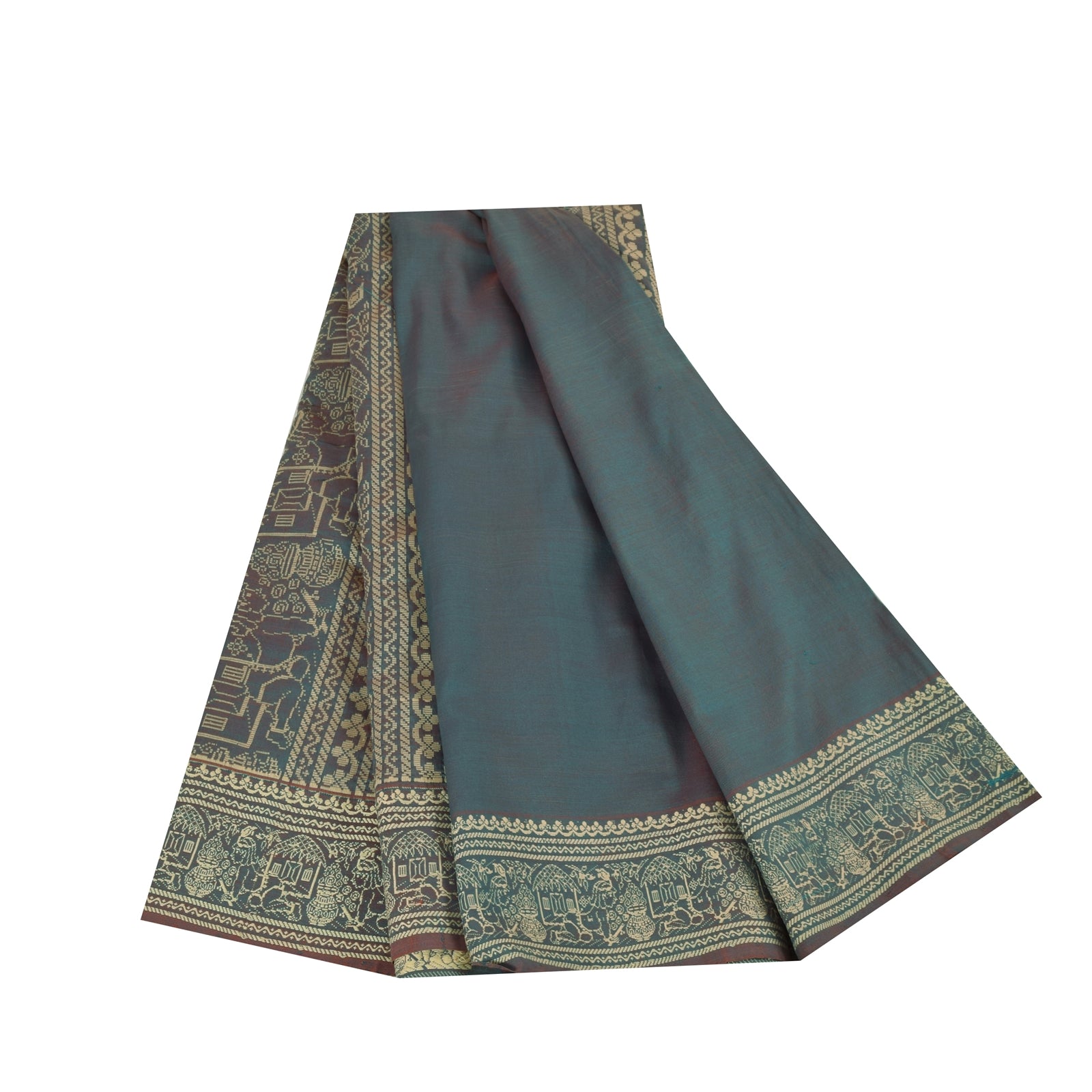 Sanskriti Vintage Sarees Blue Baluchari Woven BlendCotton Sari 5+yd Craft Fabric