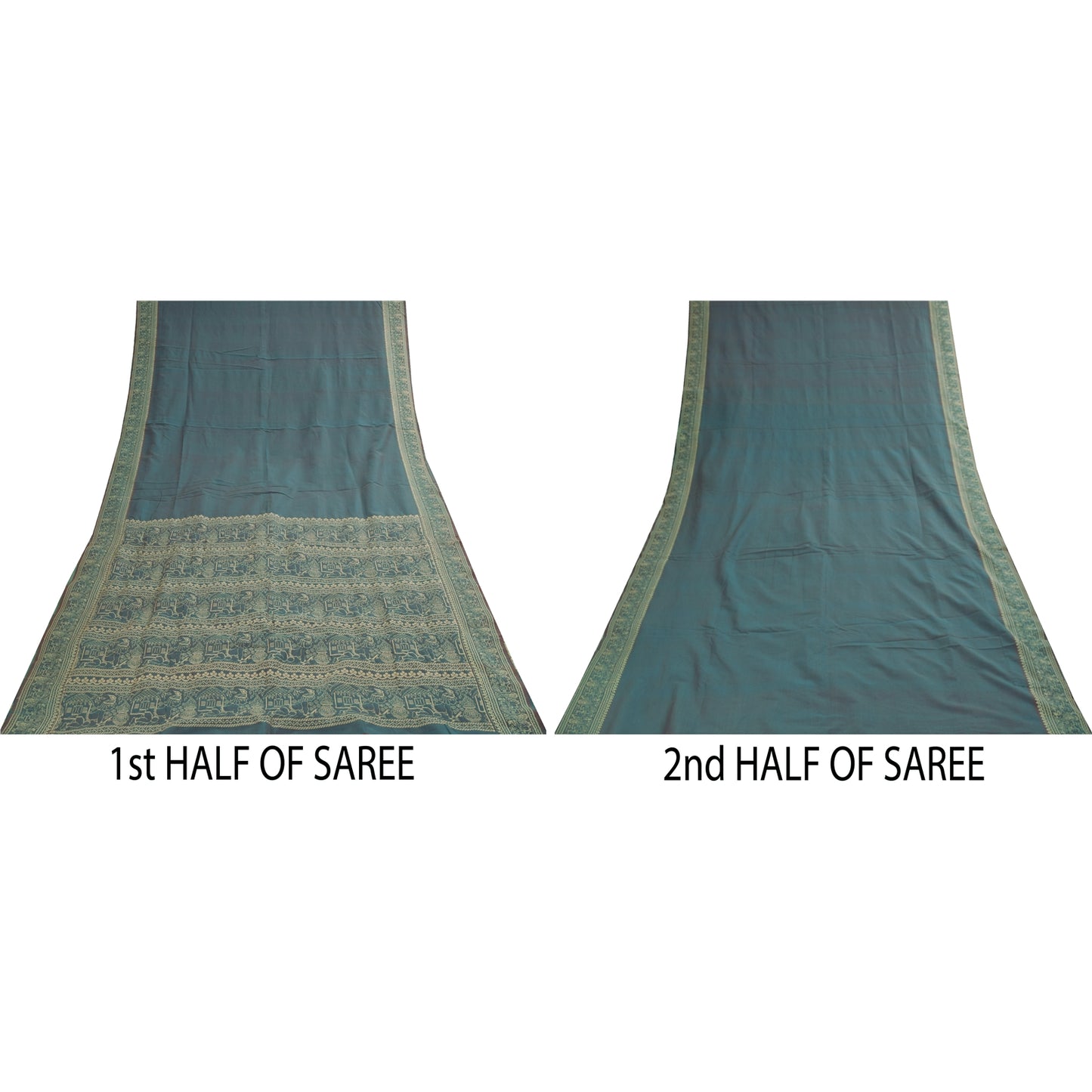 Sanskriti Vintage Sarees Blue Baluchari Woven BlendCotton Sari 5+yd Craft Fabric