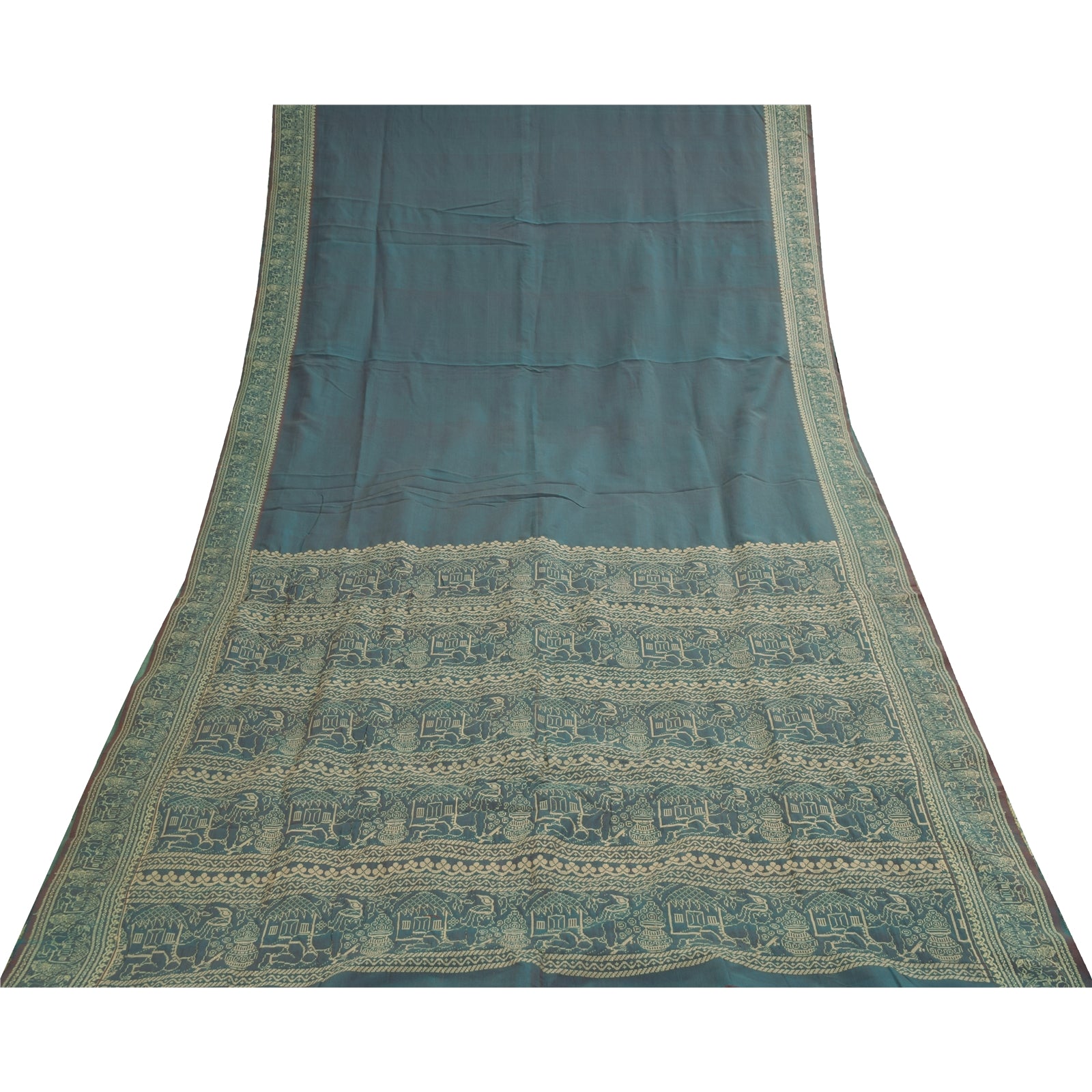 Sanskriti Vintage Sarees Blue Baluchari Woven BlendCotton Sari 5+yd Craft Fabric