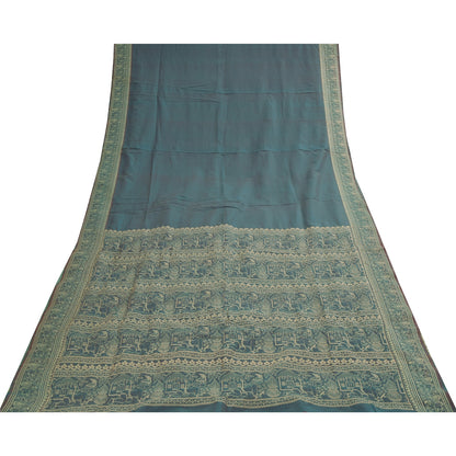 Sanskriti Vintage Sarees Blue Baluchari Woven BlendCotton Sari 5+yd Craft Fabric