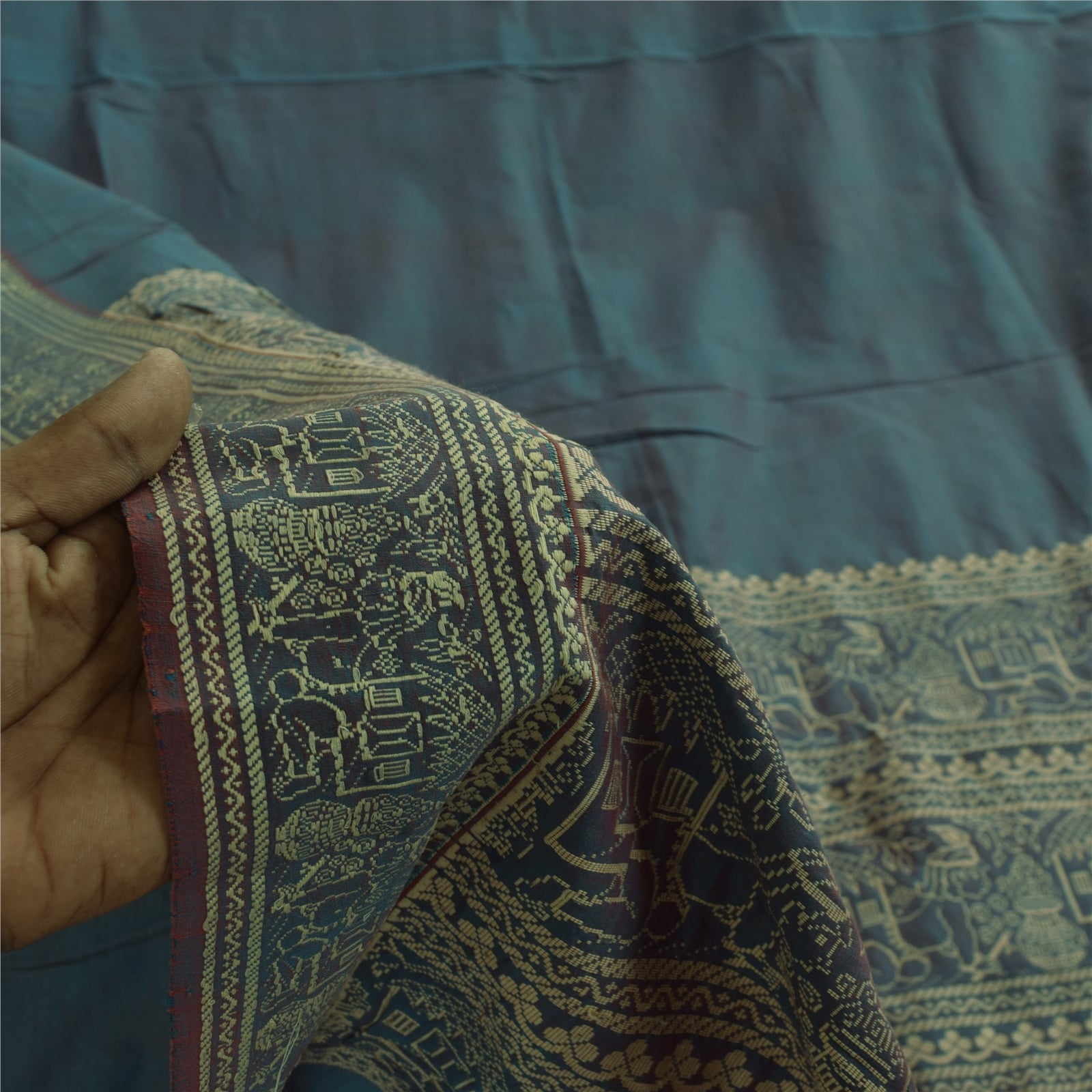 Sanskriti Vintage Sarees Blue Baluchari Woven BlendCotton Sari 5+yd Craft Fabric