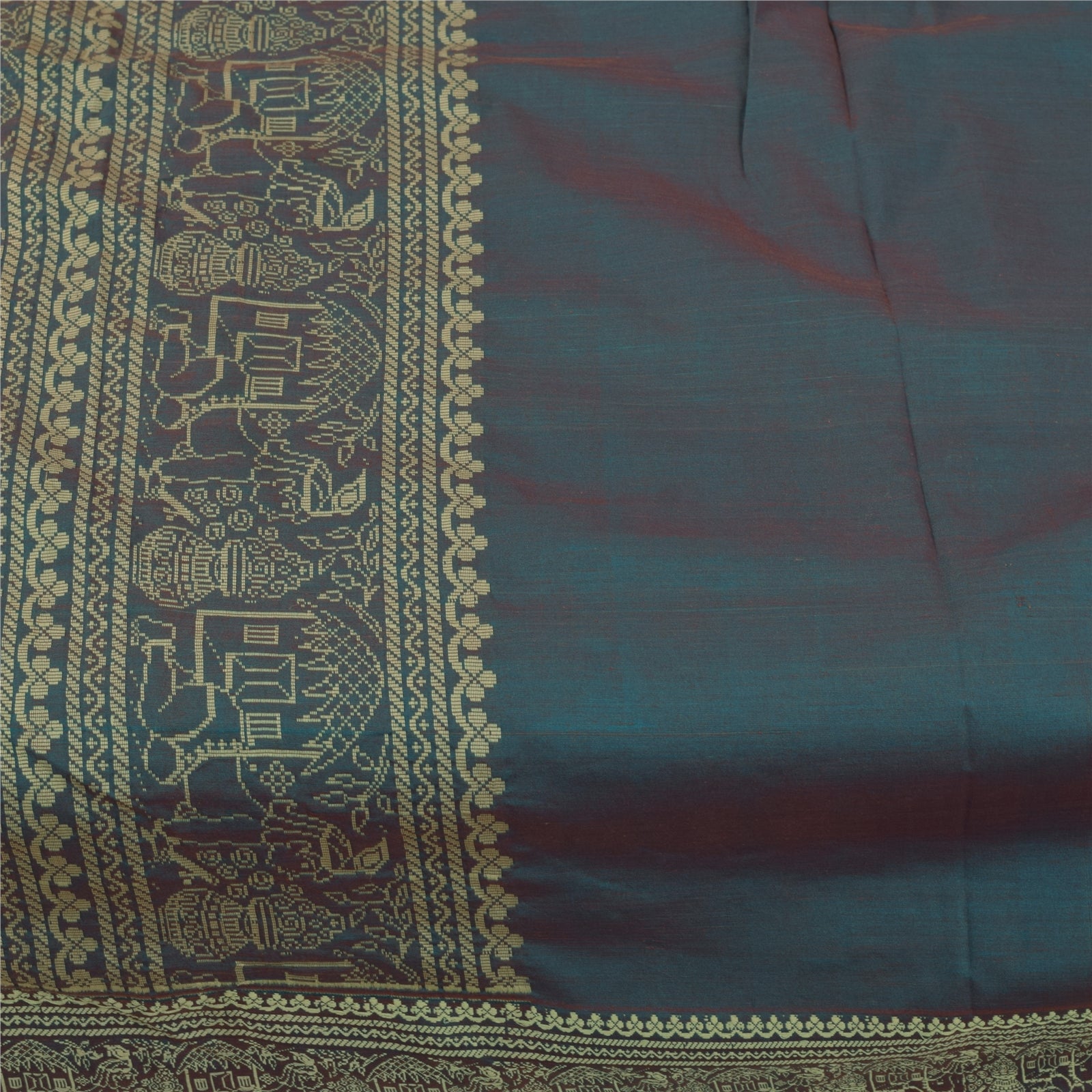 Sanskriti Vintage Sarees Blue Baluchari Woven BlendCotton Sari 5+yd Craft Fabric