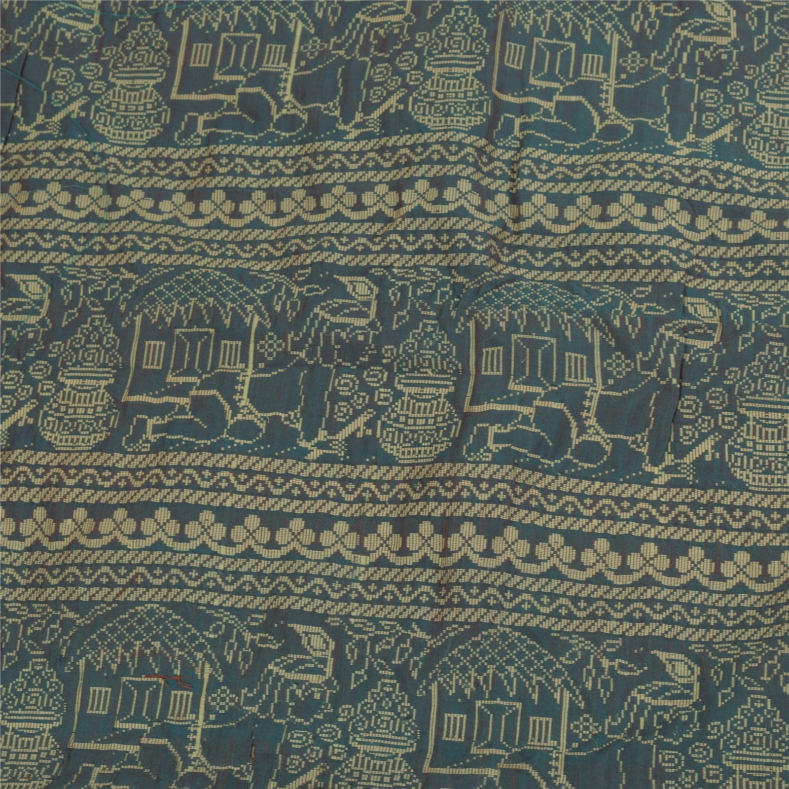 Sanskriti Vintage Sarees Blue Baluchari Woven BlendCotton Sari 5+yd Craft Fabric