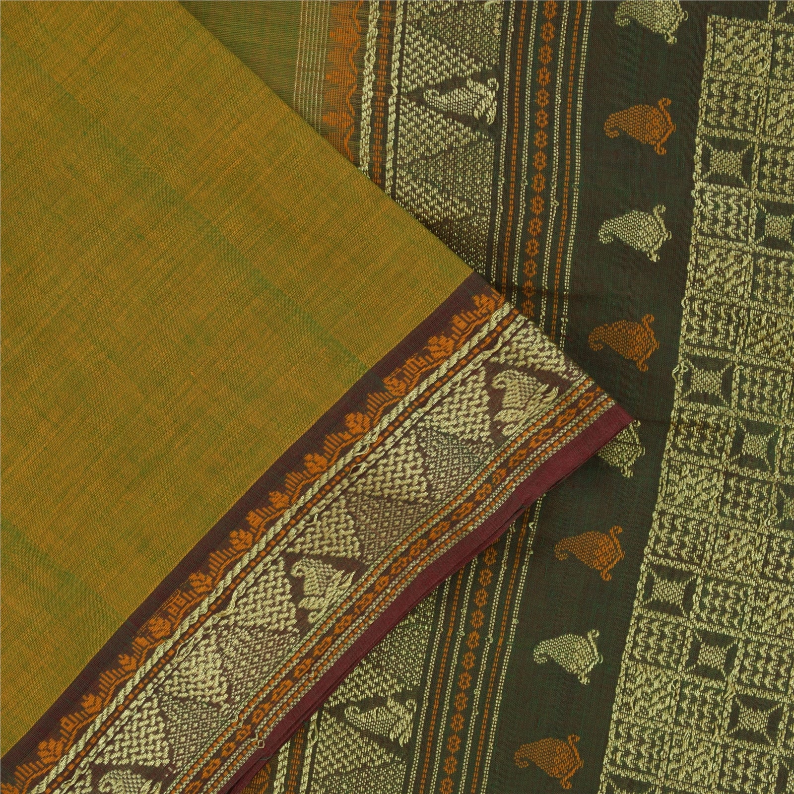 Sanskriti Vintage Sarees Green 100% Pure Cotton Hand Woven 5+yd Craft Fabric