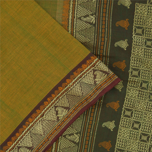 Sanskriti Vintage Sarees Green 100% Pure Cotton Hand Woven 5+yd Craft Fabric