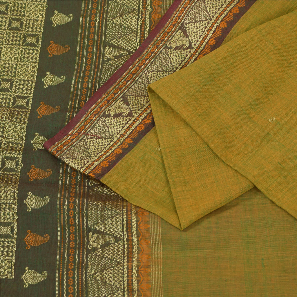 Sanskriti Vintage Sarees Green 100% Pure Cotton Hand Woven 5+yd Craft Fabric