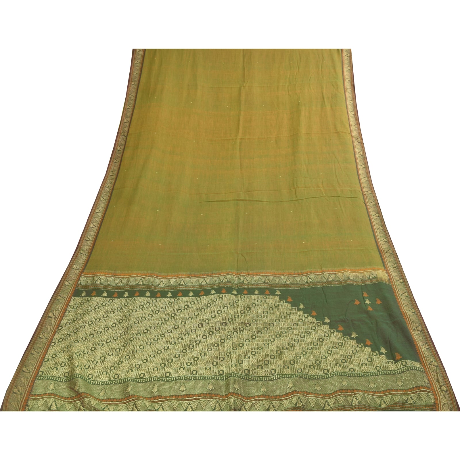 Sanskriti Vintage Sarees Green 100% Pure Cotton Hand Woven 5+yd Craft Fabric