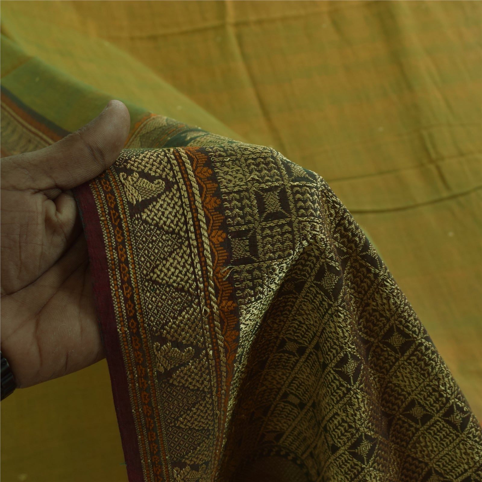 Sanskriti Vintage Sarees Green 100% Pure Cotton Hand Woven 5+yd Craft Fabric