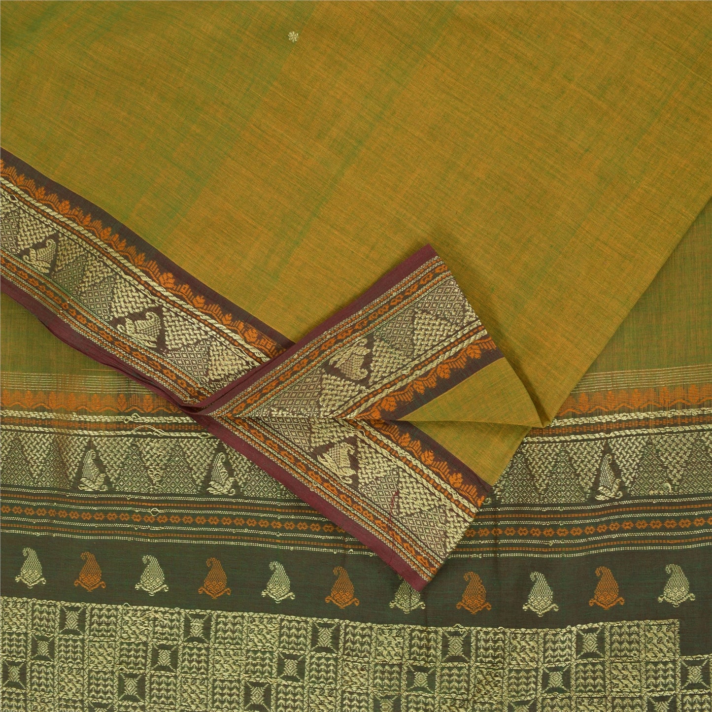 Sanskriti Vintage Sarees Green 100% Pure Cotton Hand Woven 5+yd Craft Fabric