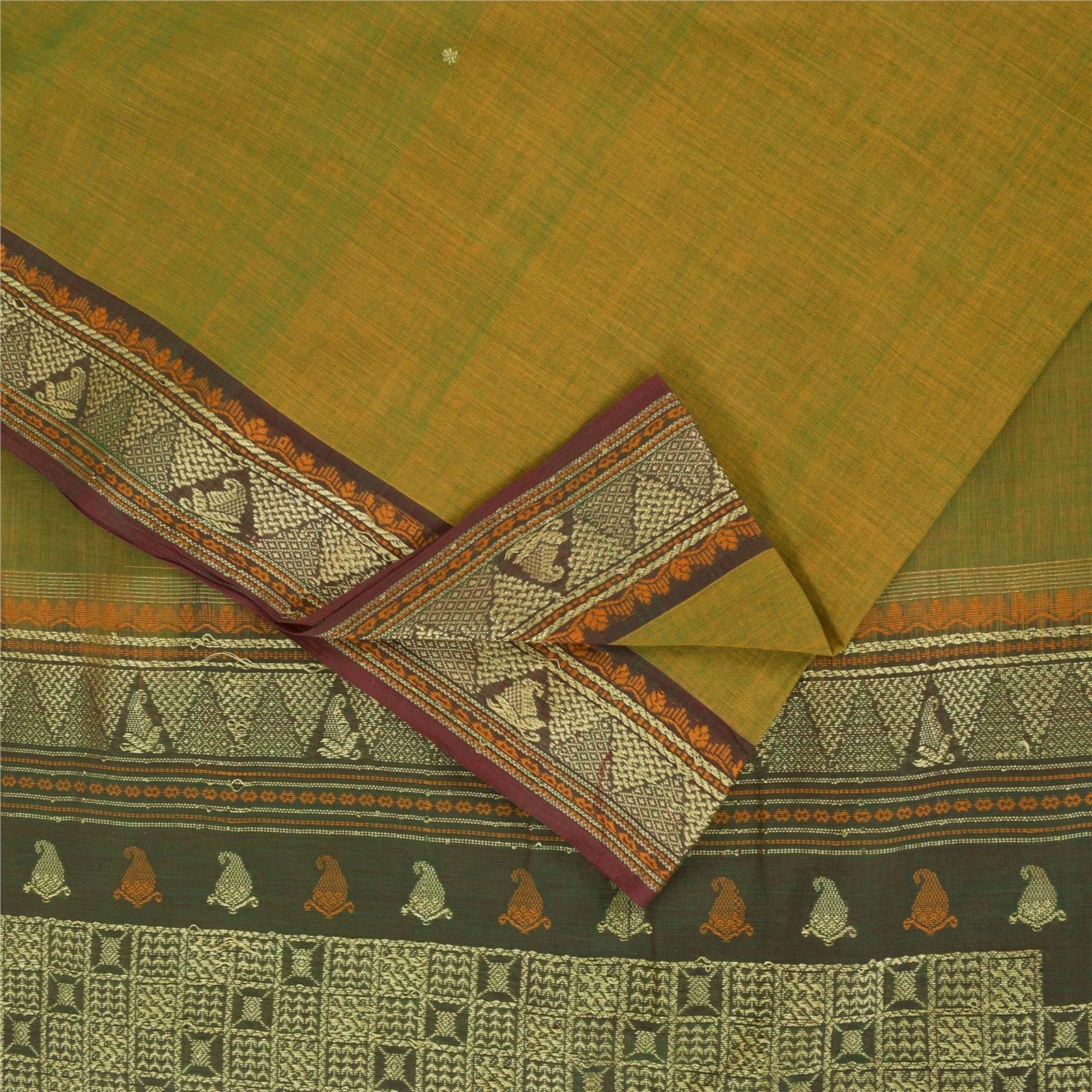 Sanskriti Vintage Sarees Green 100% Pure Cotton Hand Woven 5+yd Craft Fabric
