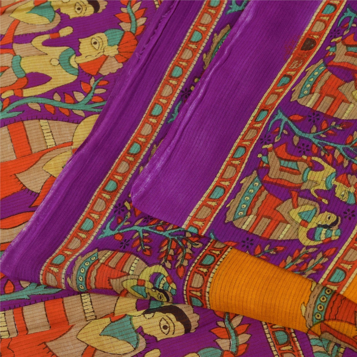 Sanskriti Vintage Sarier Gul Ren Bomuld Mennesketrykt Sari 5+ yard Håndværksstof