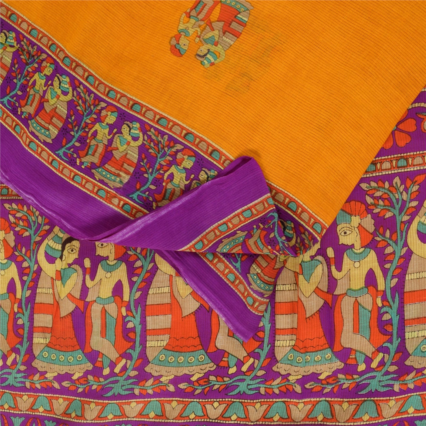 Sanskriti Vintage Sarier Gul Ren Bomuld Mennesketrykt Sari 5+ yard Håndværksstof