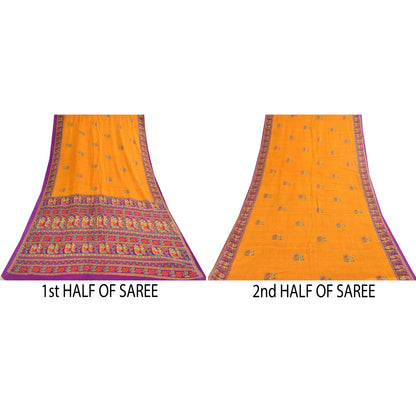 Sanskriti Vintage Sarier Gul Ren Bomuld Mennesketrykt Sari 5+ yard Håndværksstof
