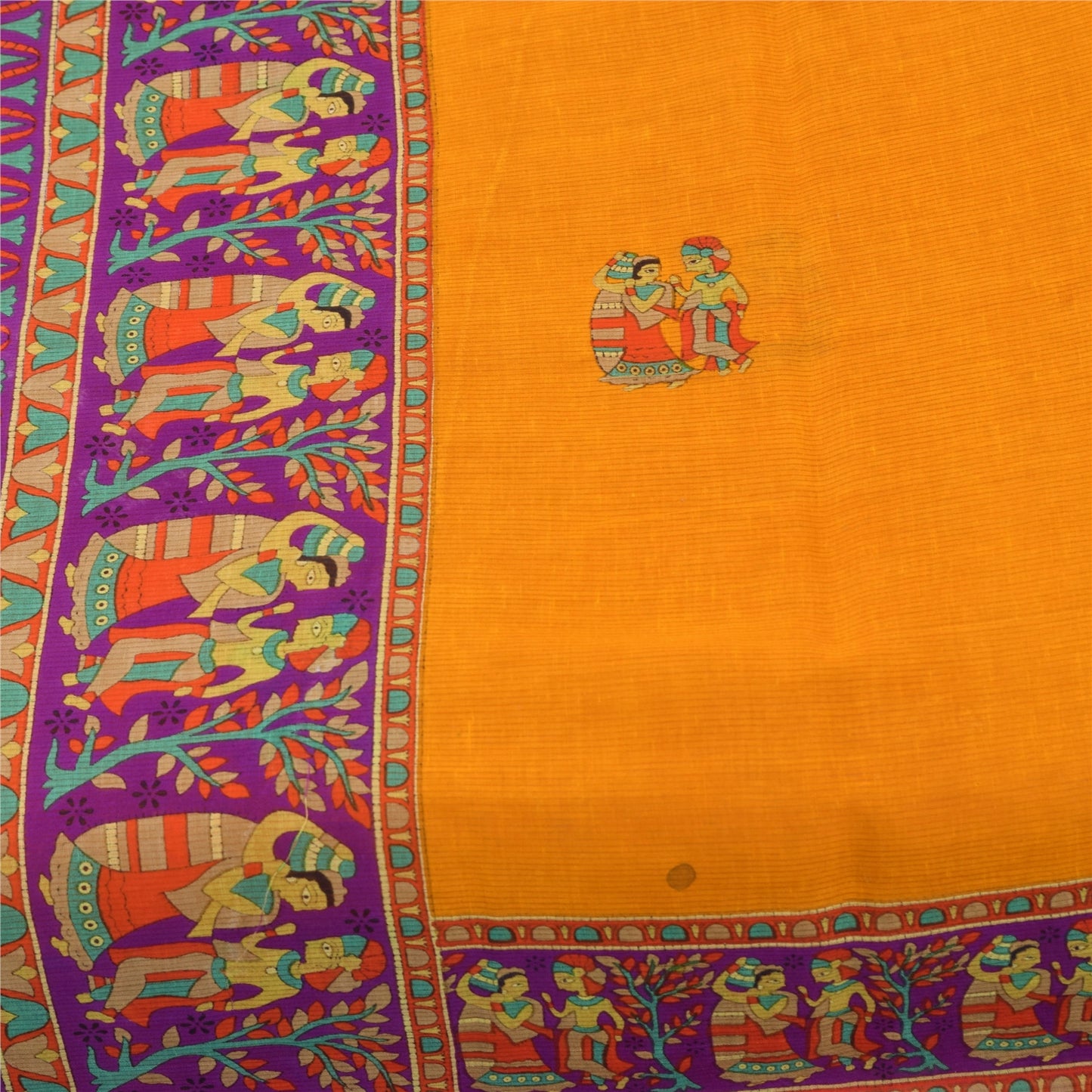 Sanskriti Vintage Sarier Gul Ren Bomuld Mennesketrykt Sari 5+ yard Håndværksstof