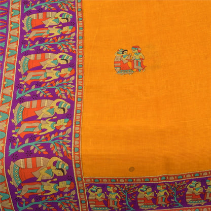 Sanskriti Vintage Sarier Gul Ren Bomuld Mennesketrykt Sari 5+ yard Håndværksstof