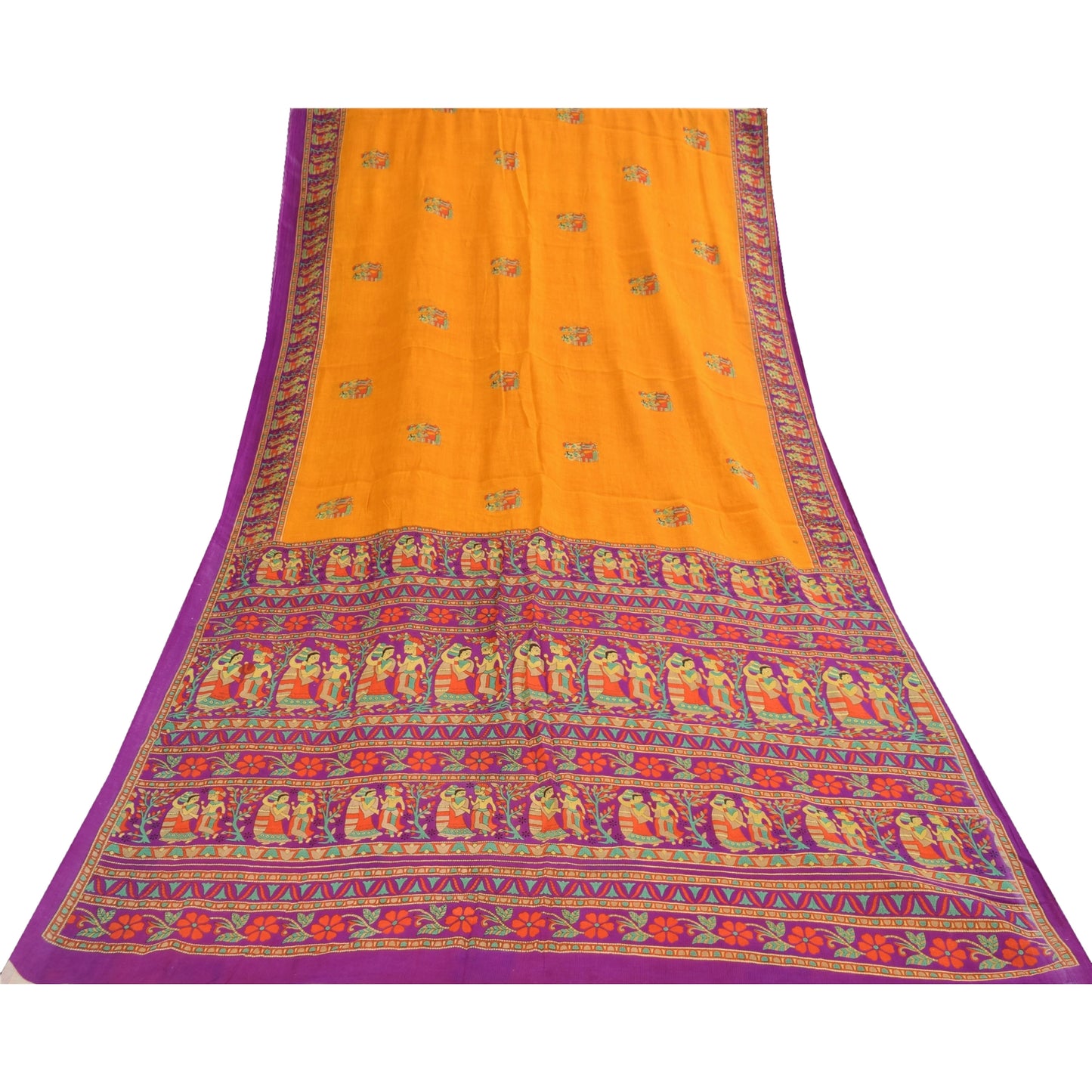 Sanskriti Vintage Sarier Gul Ren Bomuld Mennesketrykt Sari 5+ yard Håndværksstof