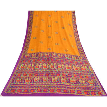 Sanskriti Vintage Sarier Gul Ren Bomuld Mennesketrykt Sari 5+ yard Håndværksstof