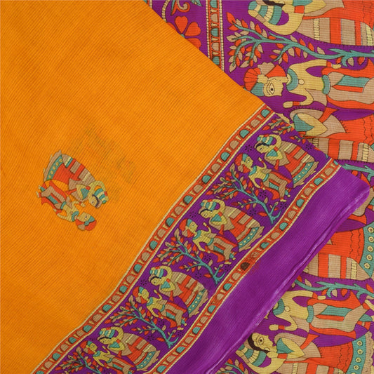 Sanskriti Vintage Sarees Yellow Pure Cotton Human Printed Sari 5+yd Craft Fabric