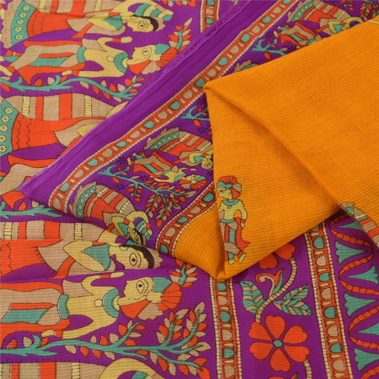 Sanskriti Vintage Sarier Gul Ren Bomuld Mennesketrykt Sari 5+ yard Håndværksstof