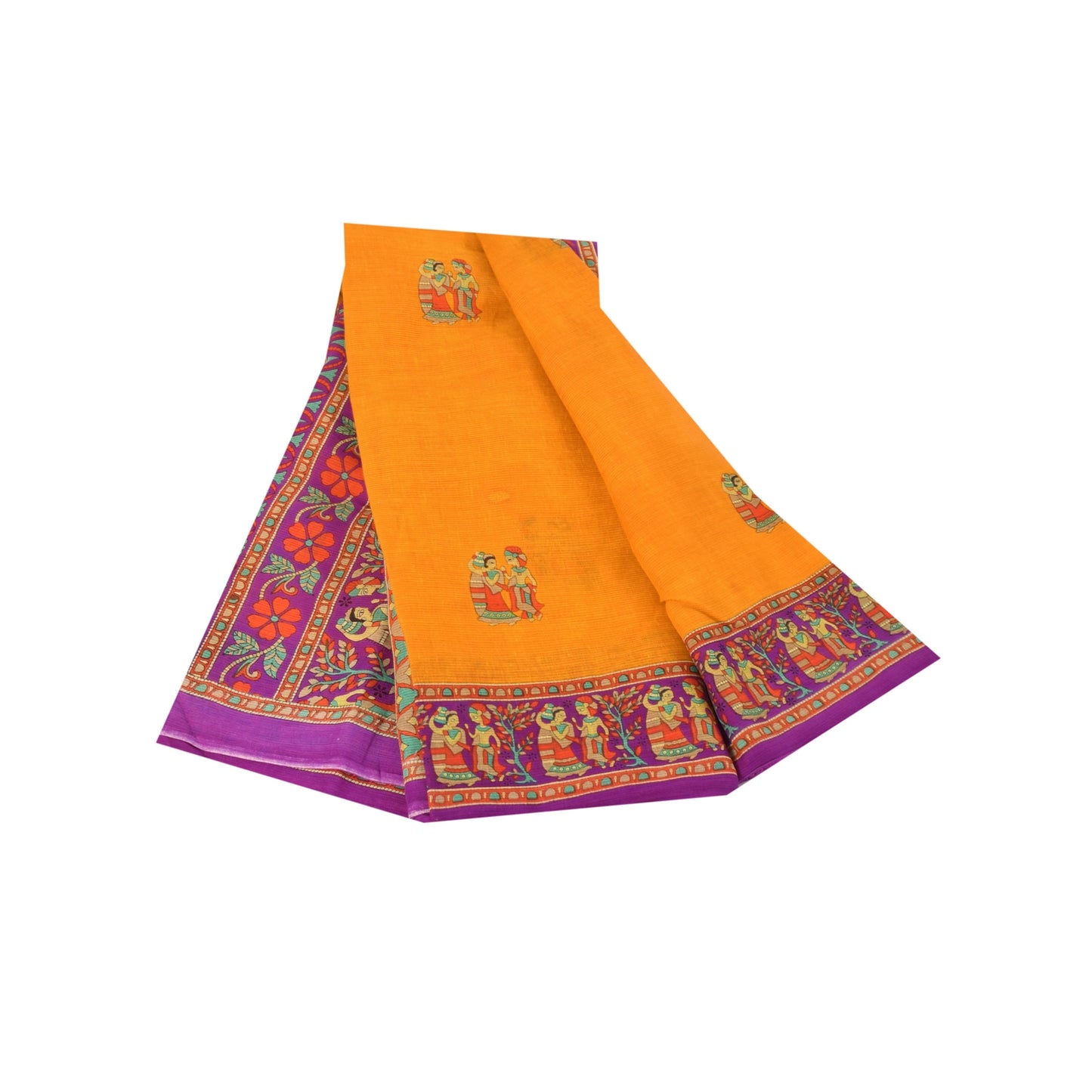 Sanskriti Vintage Sarier Gul Ren Bomuld Mennesketrykt Sari 5+ yard Håndværksstof