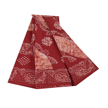 Sanskriti Vintage Sarees Red Batik Work Peacock Pure Cotton Sari 5+yd Fabric