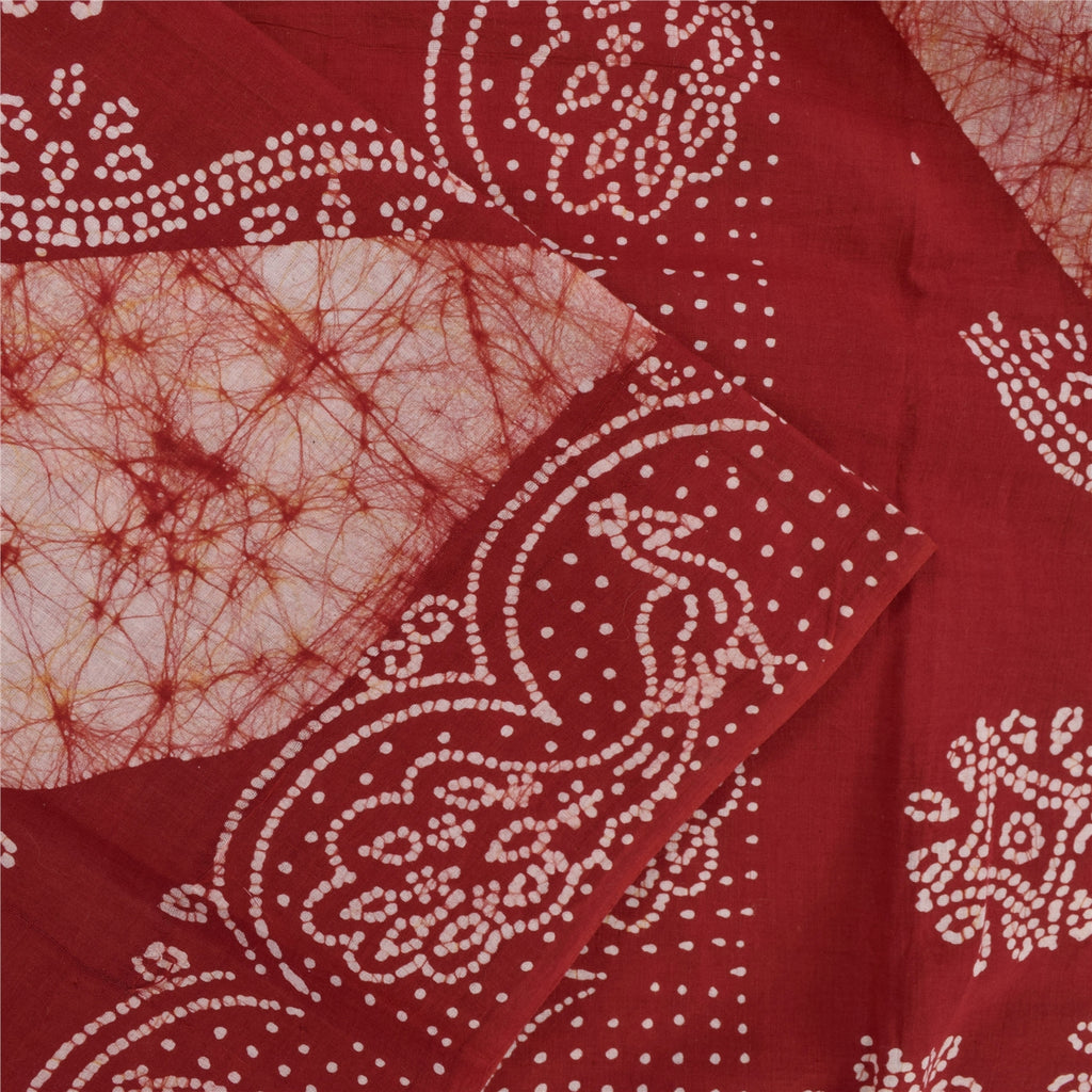 Sanskriti Vintage Sarees Red Batik Work Peacock Pure Cotton Sari 5+yd Fabric