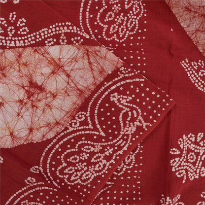 Sanskriti Vintage Sarees Red Batik Work Peacock Pure Cotton Sari 5+yd Fabric
