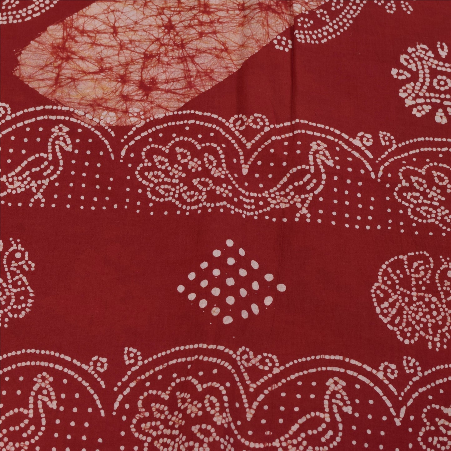 Sanskriti Vintage Sarees Red Batik Work Peacock Pure Cotton Sari 5+yd Fabric