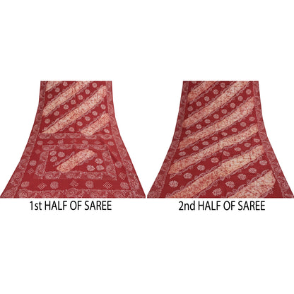 Sanskriti Vintage Sarees Red Batik Work Peacock Pure Cotton Sari 5+yd Fabric