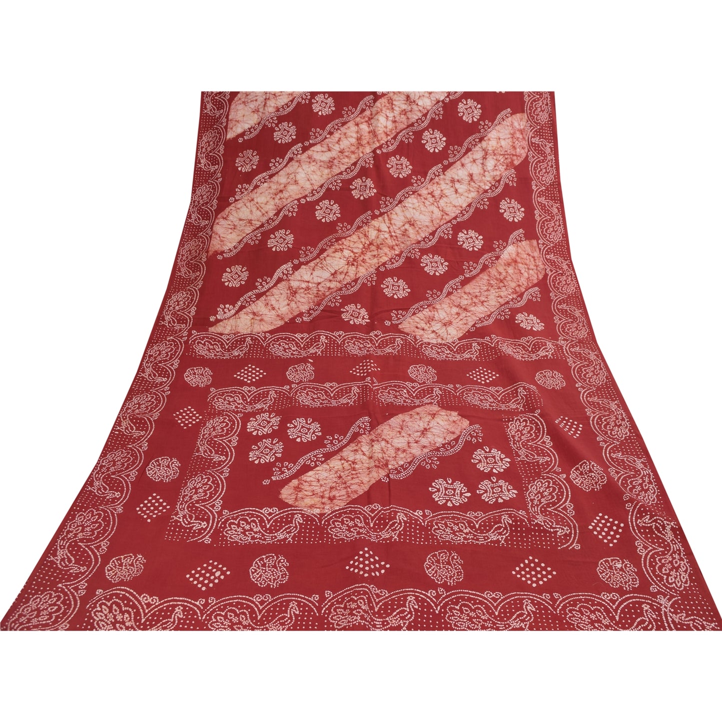 Sanskriti Vintage Sarees Red Batik Work Peacock Pure Cotton Sari 5+yd Fabric