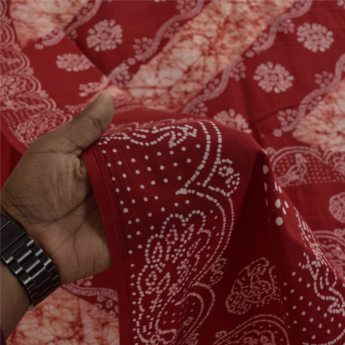 Sanskriti Vintage Sarees Red Batik Work Peacock Pure Cotton Sari 5+yd Fabric