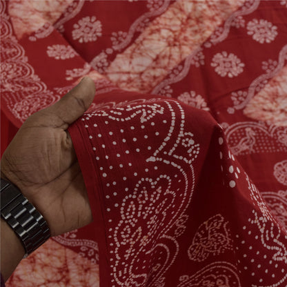 Sanskriti Vintage Sarees Red Batik Work Peacock Pure Cotton Sari 5+yd Fabric