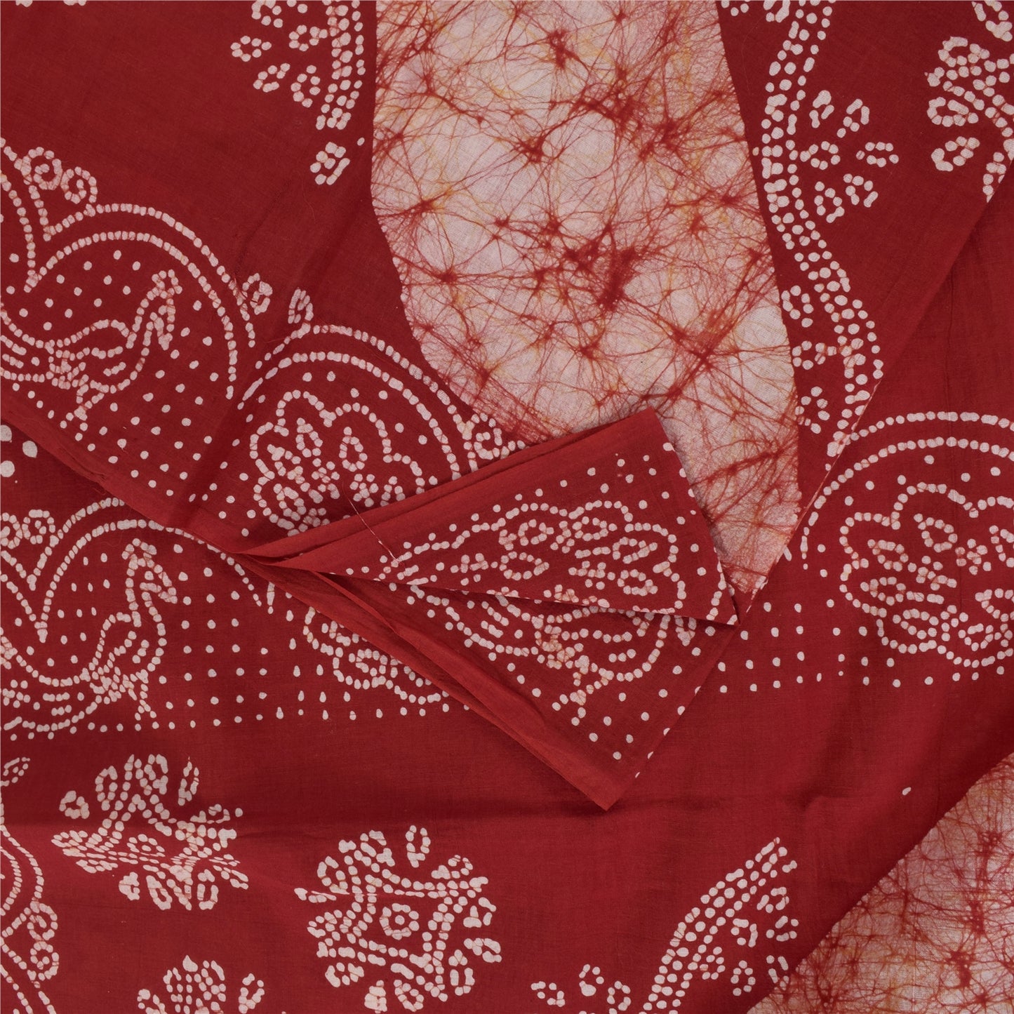 Sanskriti Vintage Sarees Red Batik Work Peacock Pure Cotton Sari 5+yd Fabric
