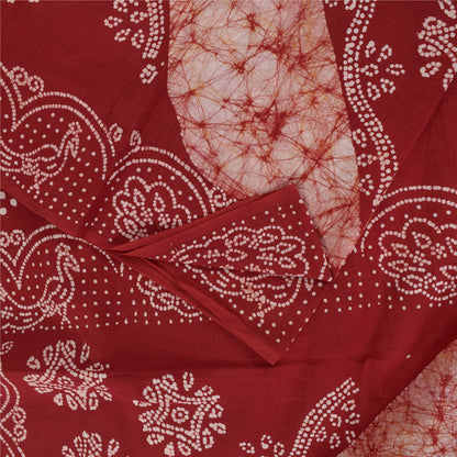 Sanskriti Vintage Sarees Red Batik Work Peacock Pure Cotton Sari 5+yd Fabric