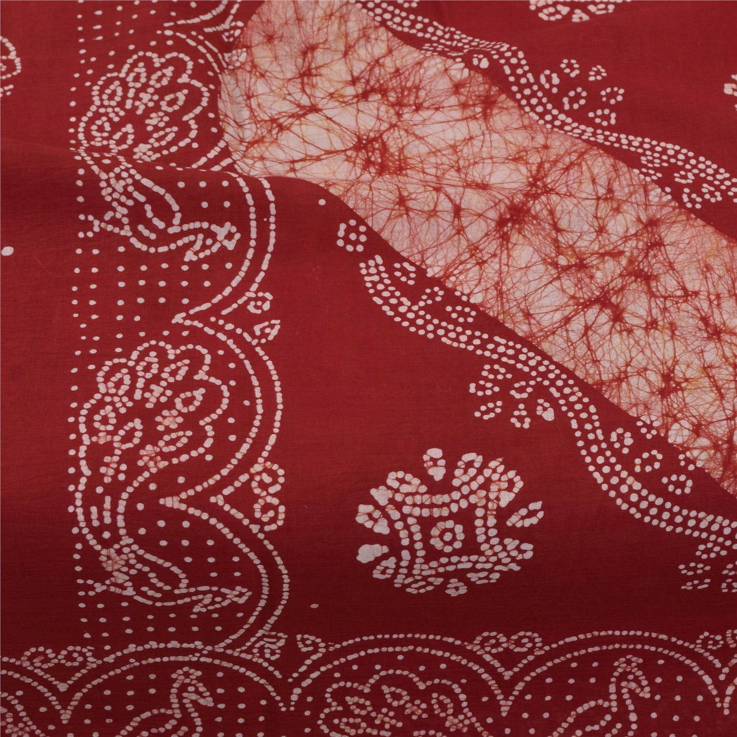Sanskriti Vintage Sarees Red Batik Work Peacock Pure Cotton Sari 5+yd Fabric
