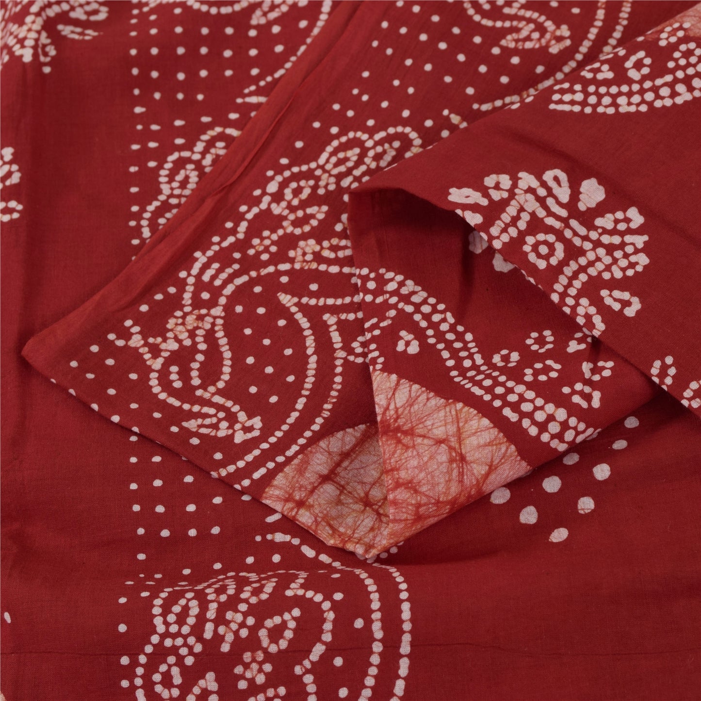 Sanskriti Vintage Sarees Red Batik Work Peacock Pure Cotton Sari 5+yd Fabric