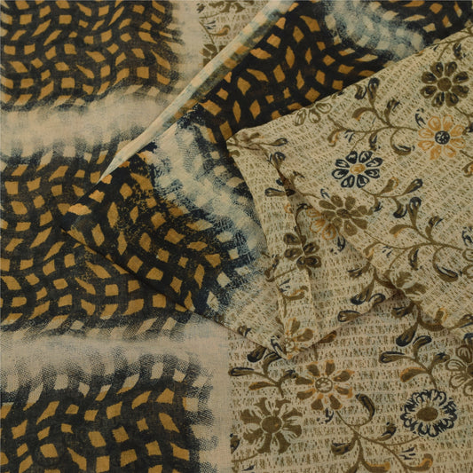 Sanskriti Vintage Sarees Indian Cream Pure Cotton Printed Sari 5+yd Craft Fabric