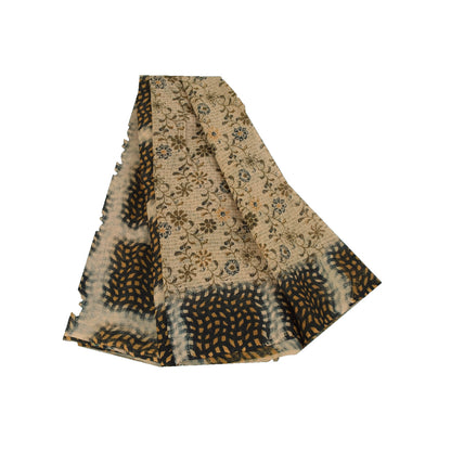 Sanskriti Vintage Sarees Indian Cream Pure Cotton Printed Sari 5+yd Craft Fabric