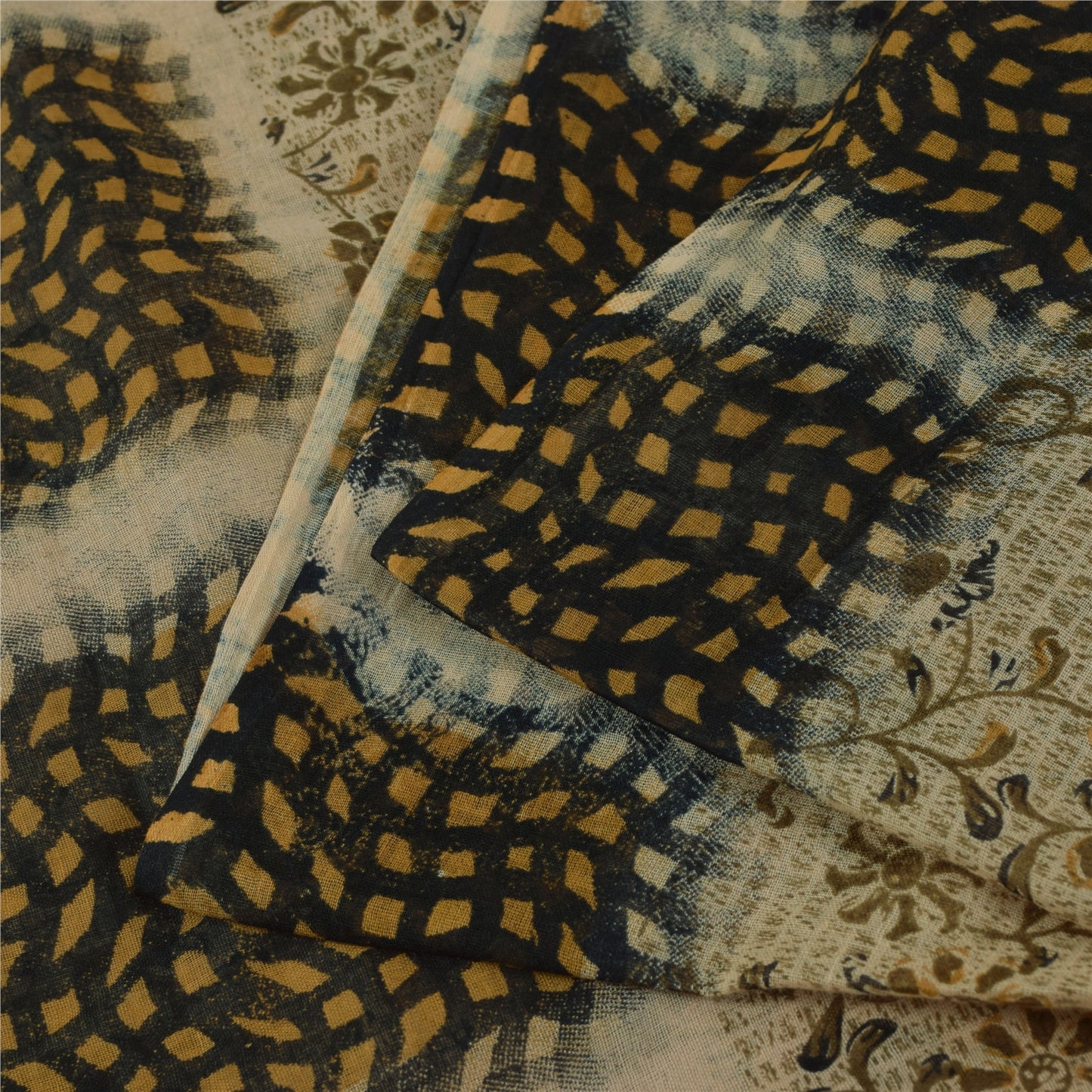 Sanskriti Vintage Sarees Indian Cream Pure Cotton Printed Sari 5+yd Craft Fabric