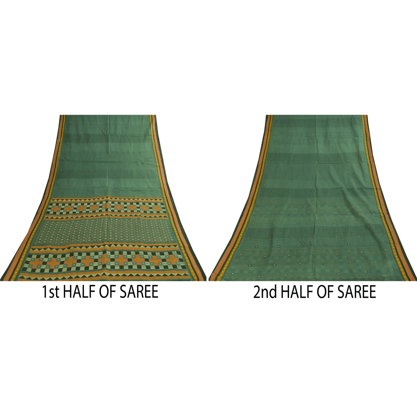 Sanskriti Vintage Sarees Indian Green Pure Cotton Printed Sari 5+yd Craft Fabric