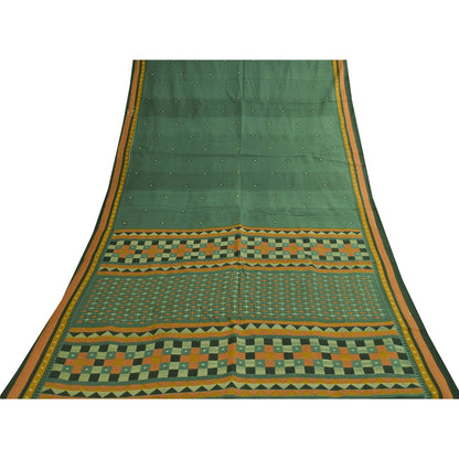 Sanskriti Vintage Sarees Indian Green Pure Cotton Printed Sari 5+yd Craft Fabric