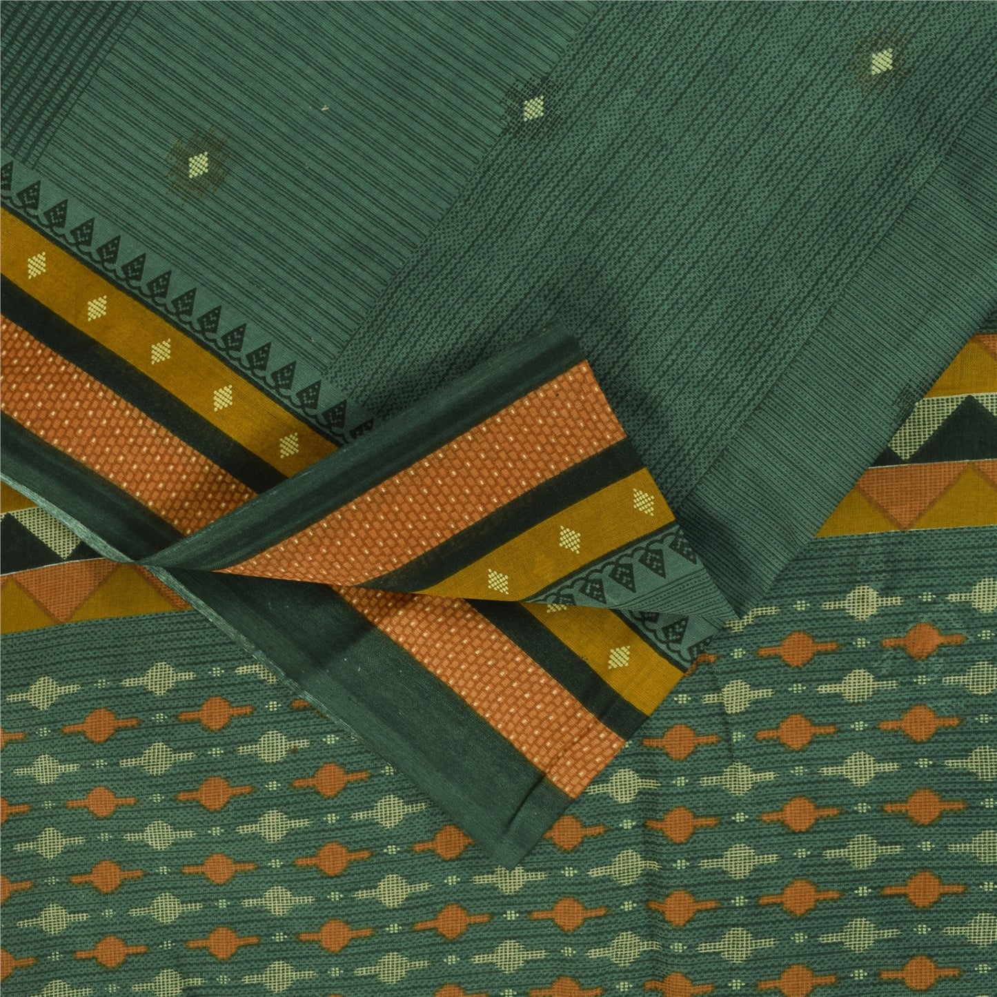 Sanskriti Vintage Sarees Indian Green Pure Cotton Printed Sari 5+yd Craft Fabric