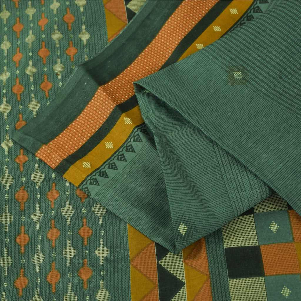 Sanskriti Vintage Sarees Indian Green Pure Cotton Printed Sari 5+yd Craft Fabric