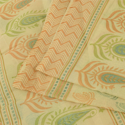 Sanskriti Vintage Sarees Indian Cream Pure Cotton Printed Sari 5+yd Craft Fabric