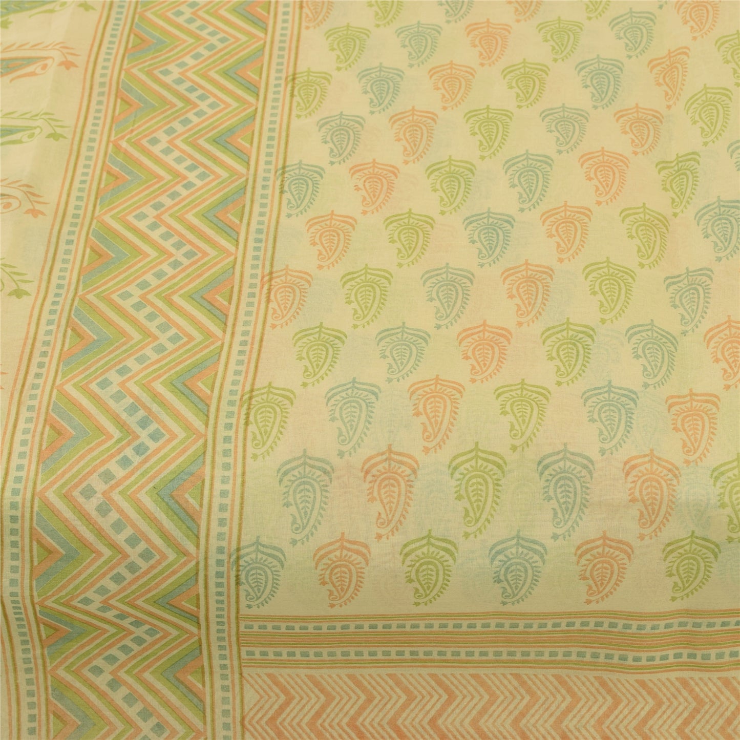 Sanskriti Vintage Sarees Indian Cream Pure Cotton Printed Sari 5+yd Craft Fabric