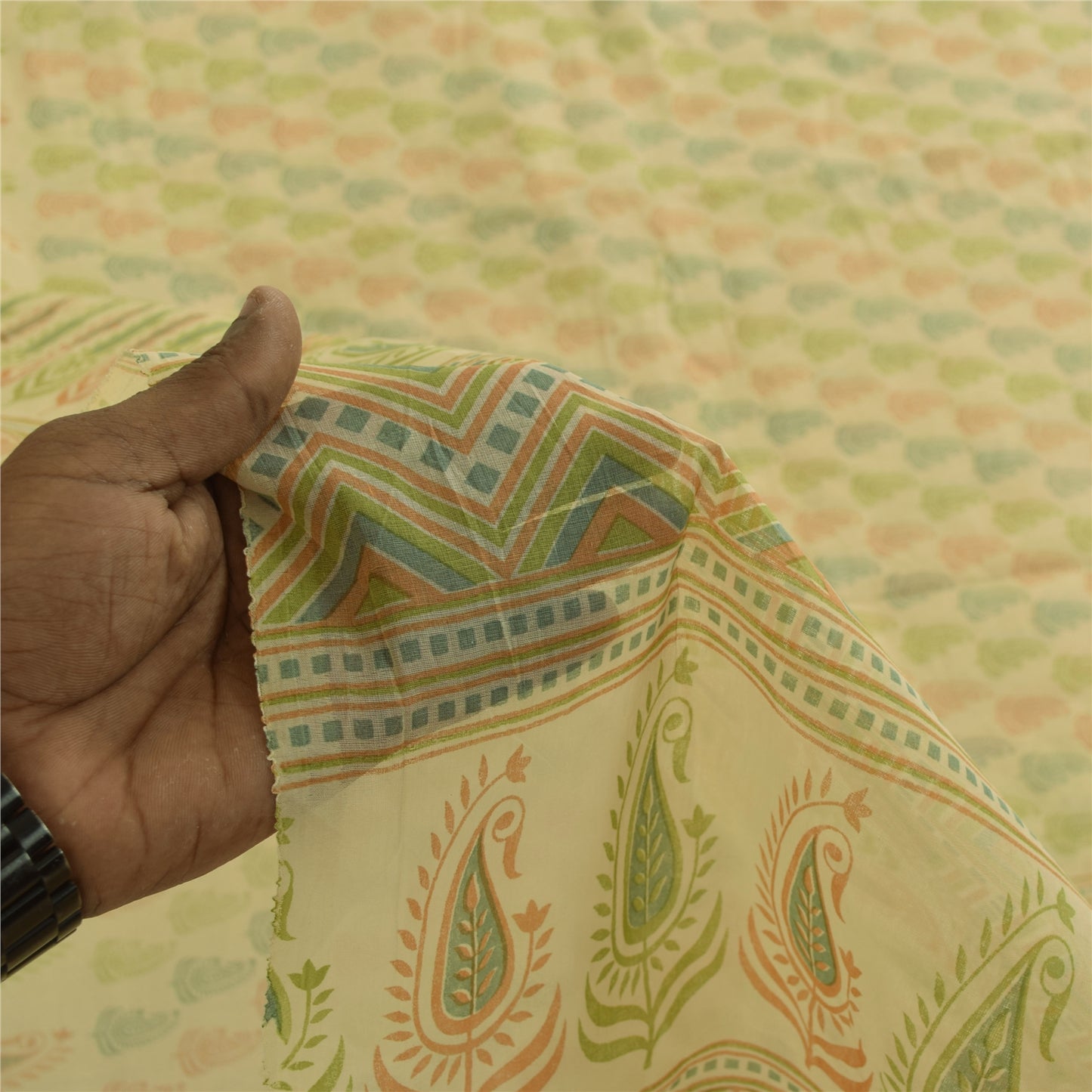 Sanskriti Vintage Sarees Indian Cream Pure Cotton Printed Sari 5+yd Craft Fabric